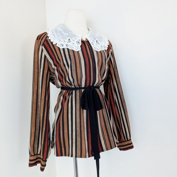 *Free with Purchase* 90’s Striped Long Sleeve Blouse Earth Tones Collar - Picture 6 of 10